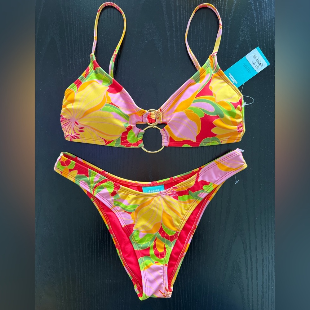 Tropical Floral Ring-Front Bikini Set in Yellow & Pink